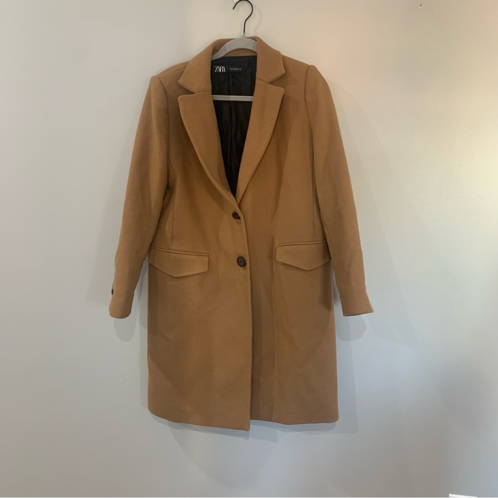 Zara Coat Wool Mid-Length in Camel Tan Brown - Picture 6 of 9